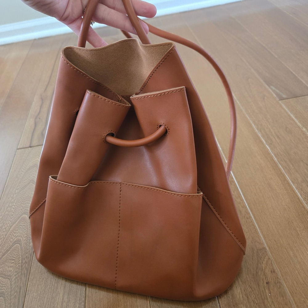 Nordstrom Brown Faux Leather Drawstring Bucket Bag Backpack Cognac Shoulder Bag